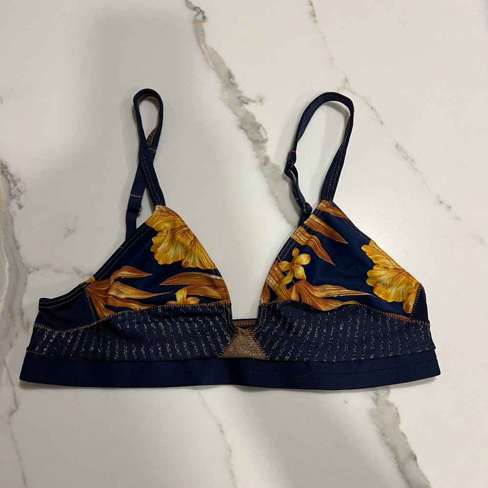 Xirena Bra Bralette S Floral Navy Gold Adjustable Strap EUC